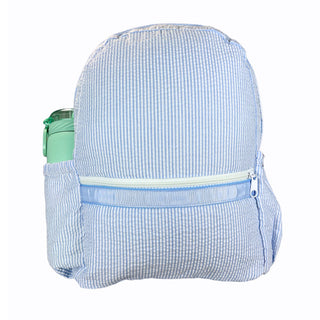 Seersucker Backpack with Pockets - Baby Blue