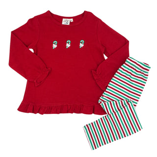 Girls Swing Top & Legging Set with Embroidery - Candy Cane Trio