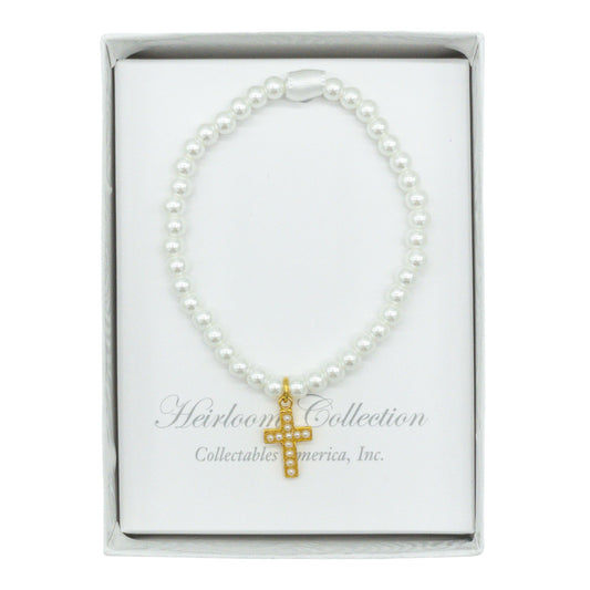 Pearl Bracelet with Gold Cross Charm