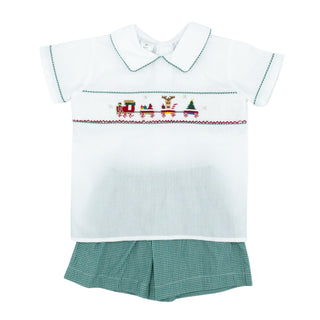 Boys Short Set with Hand-smocking - Christmas Train