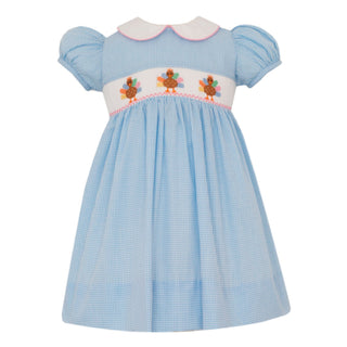 Girl Collared Dress with Hand-smocking - Turkeys