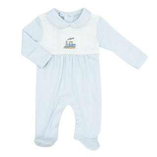 Peter Pan Collared Footie with Embroidery - Choo Choo Train