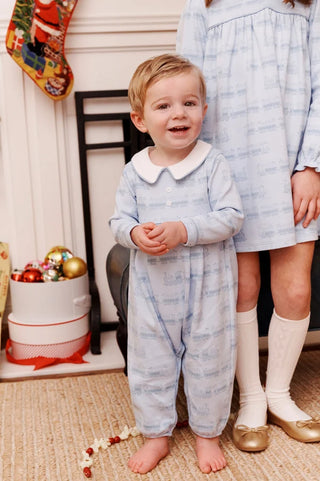 Long-sleeve Bradford Romper - Blue Choo Choos