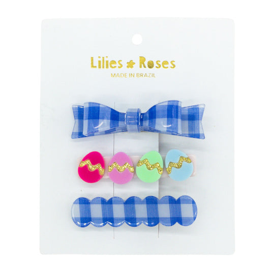 Colorful Easter Eggs with Blue Plaid Bow