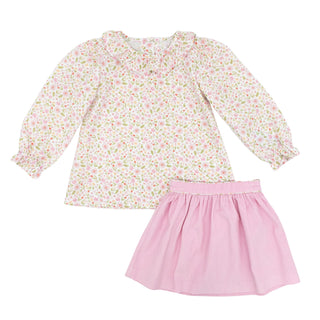 Ruffle Blouse and Debby Skirt Set (Corduroy) - Light Pink Floral