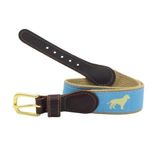 Embroidered Ribbon Belt - Light Blue Yellow Dog on Khaki