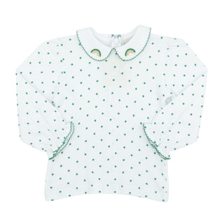 Girls Long-sleeve Collared Blouse with Hand-embroidery - Shamrock Print with Rainbow