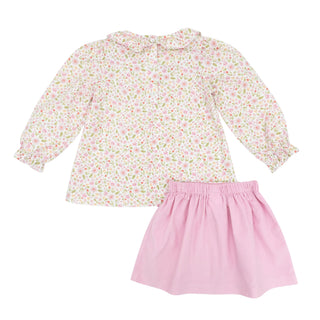 Ruffle Blouse and Debby Skirt Set (Corduroy) - Light Pink Floral