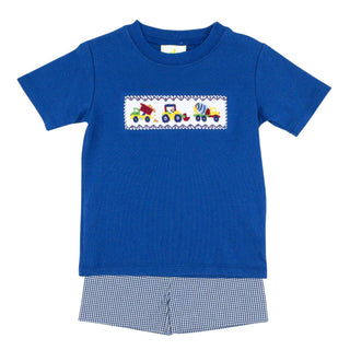 Play T-shirt with Construction Smocking and Leo Short Short in Royal Blue Seersucker