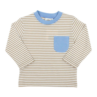 Boys Long-sleeve Pocket T-shirt - Sand Stripe with Light Blue