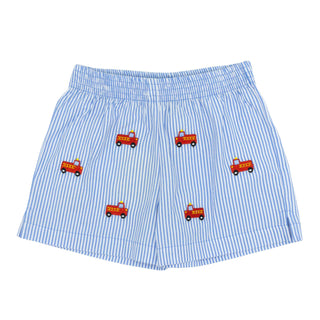 Boys Pull-on Seersucker Shorts with Firetruck Embroidery