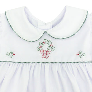 Peter-pan Collared Dress with Christmas Wreath Embroidery