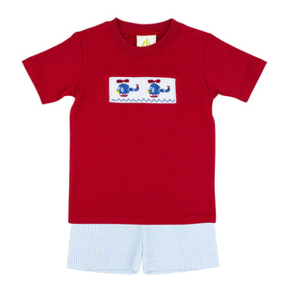 Play T-shirt with Helicopter Smocking and Leo Knit Short in Blue Seersucker