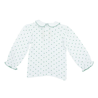 Girls Long-sleeve Collared Blouse with Hand-embroidery - Shamrock Print with Rainbow