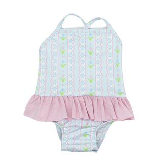 Lainey Swimsuit - Blue Floral Scallop