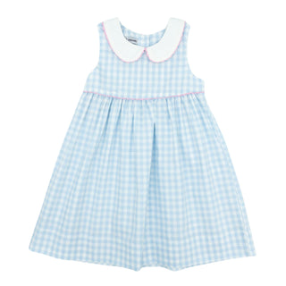 Girls Collared Dress with Ric Rac - Blue Gingham