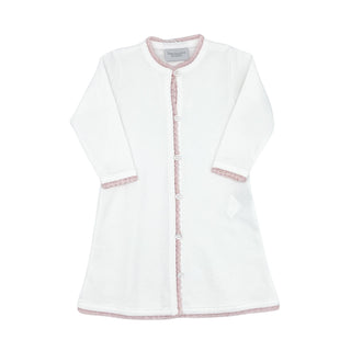 Pima Knit Button-front Daygown with Crochet Trim - White with Pink