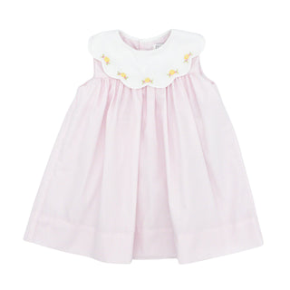 Scallop-collar Dress with Hand-embroidered Flowers - Pink