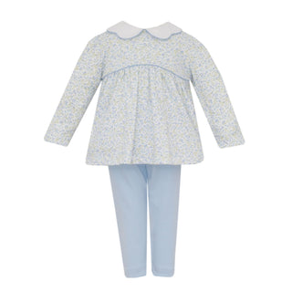 Knit Girl Collared Tunic Set - Blue Floral
