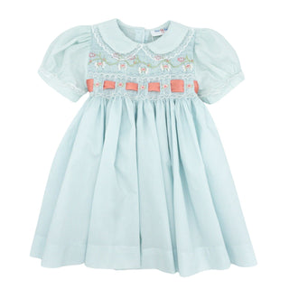 Diana Hand-smocked Dress with Ribbon Insertion - Blue