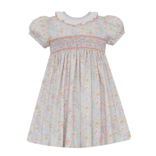 Ruffle-neck Dress with Hand-smocking - Pumpkin Print