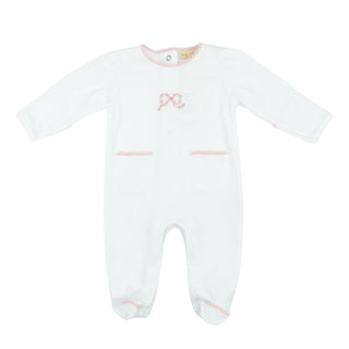 Pima Footie with Pockets and Crochet Trim with Hand-embroidery - Pretty Bows