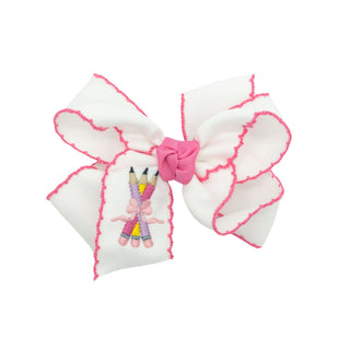 Crochet Edge Grosgrain Hair Bow with Pencils Embroidery