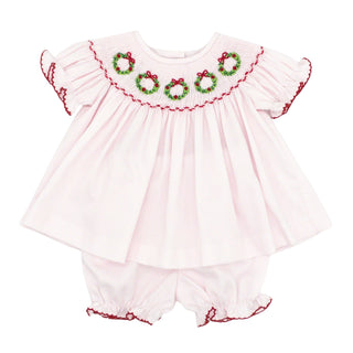 Girls Bloomer Set with Hand-smocking - Christmas Wreaths