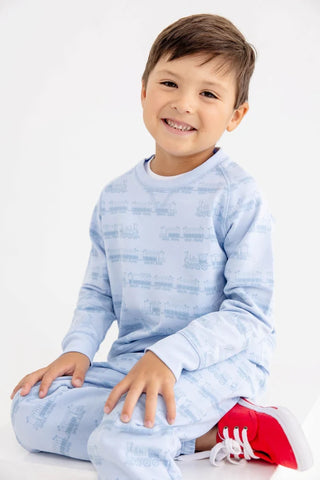 Cassidy Comfy Crewneck - Blue Choo Choos