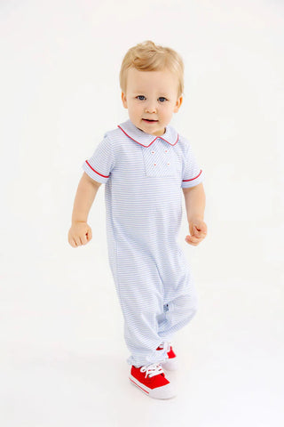 Benny Button Romper - Beale Street Blue Stripe