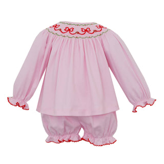 Girls Knit Bloomer Set with Smocked Red Bows