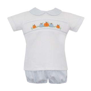 Boy Knit Gathered Short Set with Hand-smocking - Pumpkins