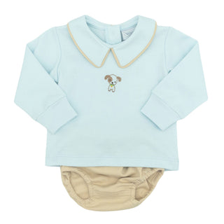 Boys Pima Diaper Set with Hand-embroidery - Sparky on Light Blue with Latte