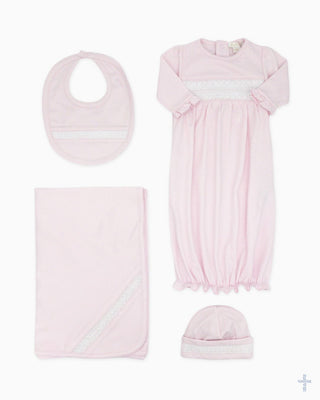 Bib with Hand Smocking - Pink with White