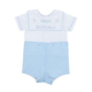 Boy Button-on Suit with Square Collar and Hand-embroidery - Happy Birthday
