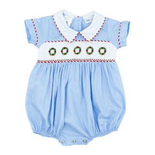 Noah Collared Bubble with Hand-smocking - Christmas Wreaths