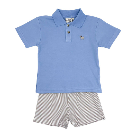 Pima Polo with Embroidered Puppy and Seersucker Shorts