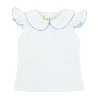 Sophie Polo Blouse with Pique Trim - White with Light Blue