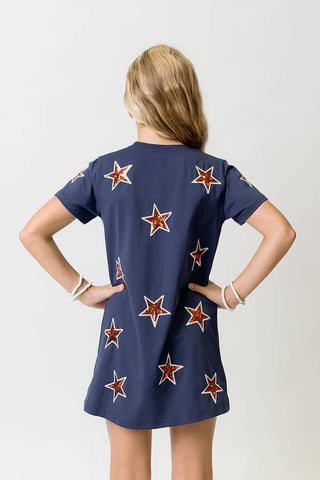 Sequin Star Knit Dress - Navy & Orange