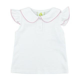 Sophie Polo Blouse with Pique Trim - White with Pink