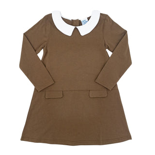 Girls Knit Peter Pan Collared Dress - Chocolate