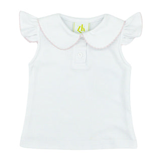 Sophie Polo Blouse with Pique Trim - White with Light Pink