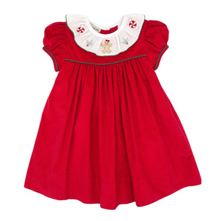 Corduroy Float Dress with Ruffle Collar and Gingerbread Embroidery