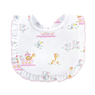 Printed Bib with Ruffle - Noah's Ark with Pink