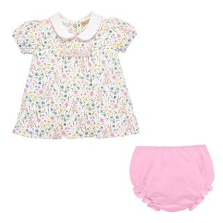 Printed Collared Dress and Bloomers with Hand-smocking - Spring Blush