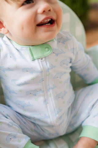 *PRE-ORDER* Boys One-piece Zip-up Footed Jammies - Oh Whale