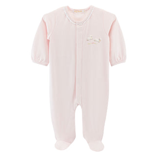 Girl Footie with Hand-embroidery and Lace Trim - Baby Lambs