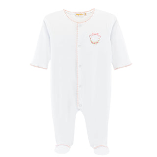 Footie with Crocheted Trim and Hand-embroidery - Bows and Roses