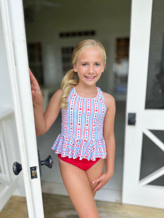 *PRE-ORDER* Collette Peplum Swimsuit - Patriotic Stars and Stripes