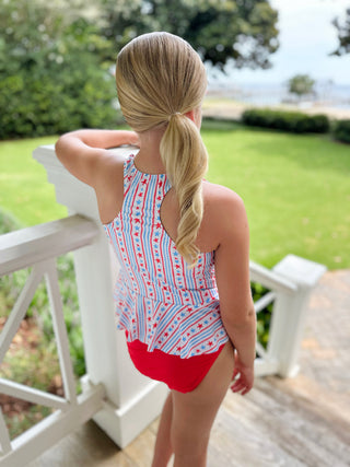 *PRE-ORDER* Collette Peplum Swimsuit - Patriotic Stars and Stripes